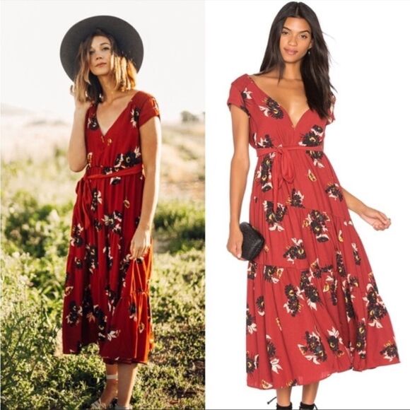 Free People All I Got Floral Tiered Boho Peasant V Neck Maxi Dress - Picture 1 of 9